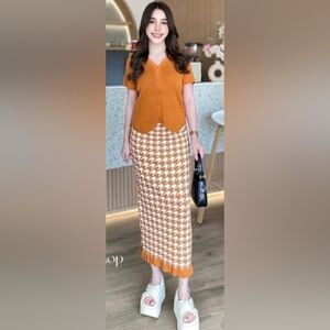 Rust Color Knitted Tube Dress with Short Sleeve Cardigan